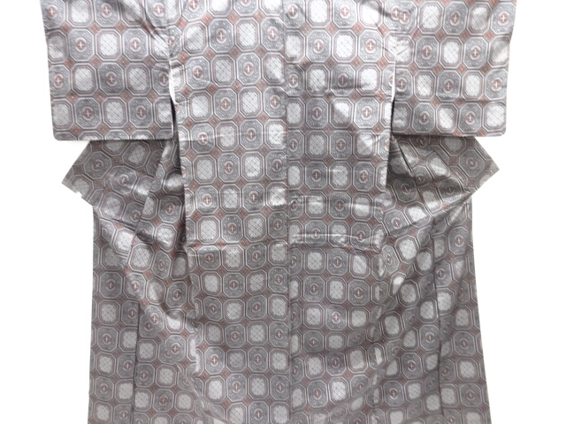 JAPANESE KIMONO / KIMONO ENSEMBLE & DOCHUGI / SILK / DENSHO TSUMUGI / NISHIJIN / WOVEN GEOMETRIC & CROSS PATTERN